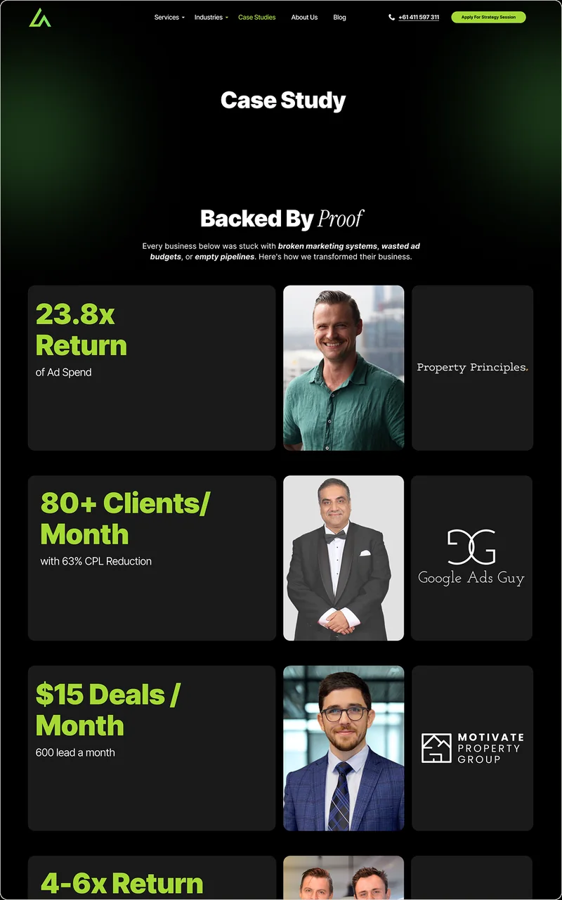 Case studies page designed by BrandUs