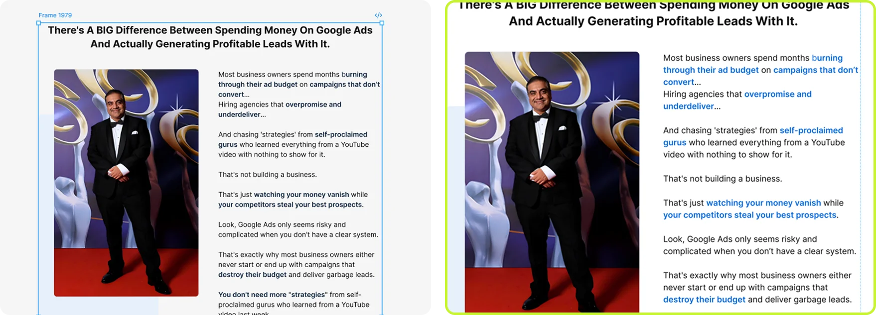 Before, an example site; after, a BrandUs client site: The site talks about you, not their problem, then copy about their problem, not you