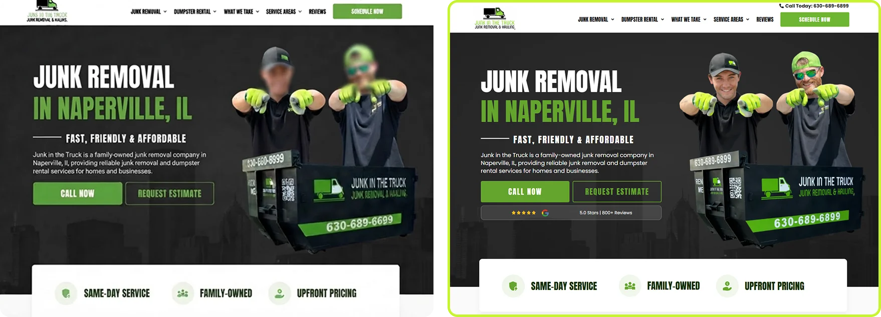 Before, an example site; after, a BrandUs client site: There's no reason to believe you yet, then reviews, results and faces up front
