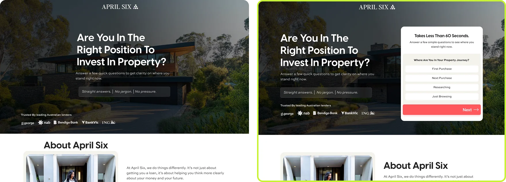 Before, an example site; after, a BrandUs client site: There's no clear next step, then one clear CTA and a 3-field form