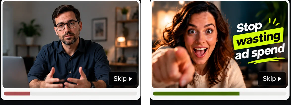 Before and after illustration: You lose them before the skip button, then hook lands in the first 5 seconds